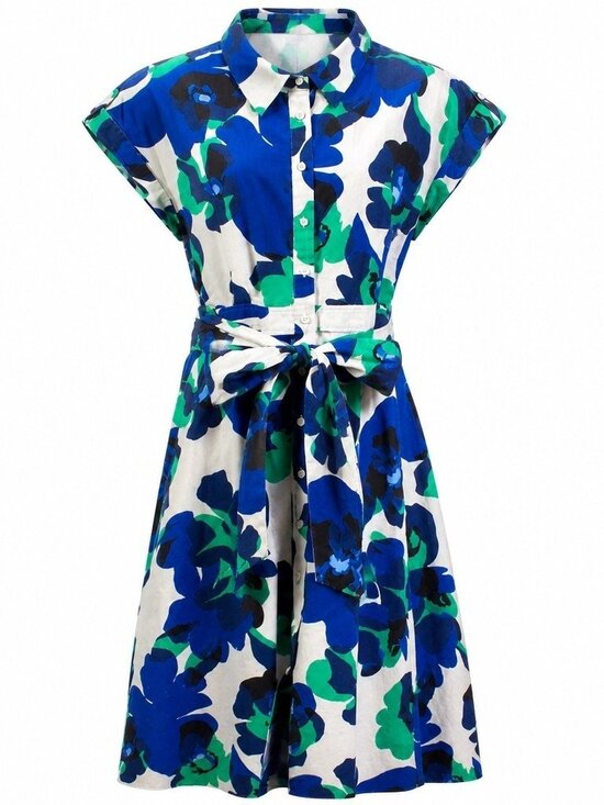 Eliza J Dresses & Skirts - Eliza J Blue Floral Shirt Dress Size 12 Cotton Tie Waist Button Front Midi